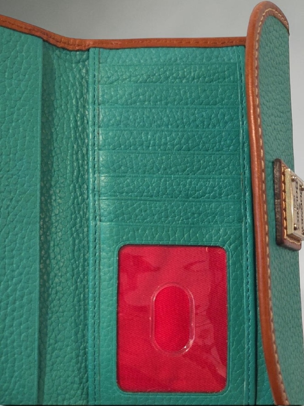 Dooney & Bourke Teal Pebbled Leather Wallet with Brown Trim - Picture 4 of 5